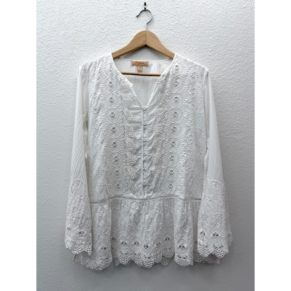 Kyra White Cotton‎ Eyelet Lace Tunic Top Embroidered Boho Festival Peplum Medium